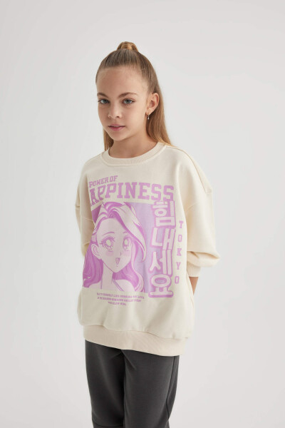 Girls' Relax Fit Crew Neck Printed Sweatshirt Ecru - 7