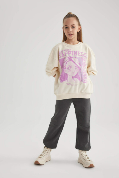 Girls' Relax Fit Crew Neck Printed Sweatshirt Ecru - 8