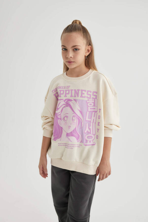 Girls' Relax Fit Crew Neck Printed Sweatshirt Ecru - 9