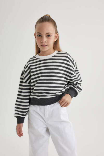 Girls Relaxed Fit Striped Bike Neck Sweatshirt Charcoal - 1