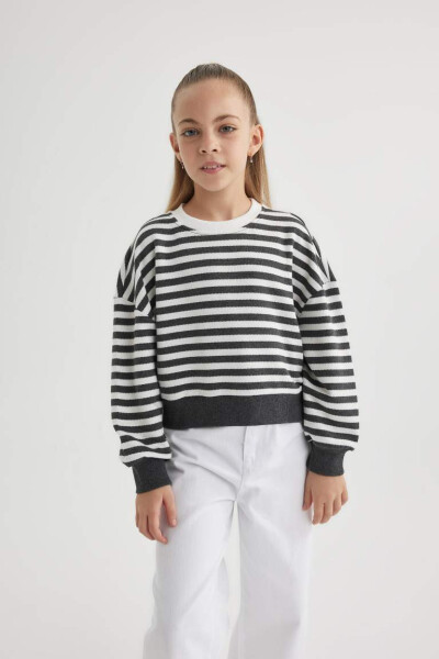 Girls Relaxed Fit Striped Bike Neck Sweatshirt Charcoal - 3