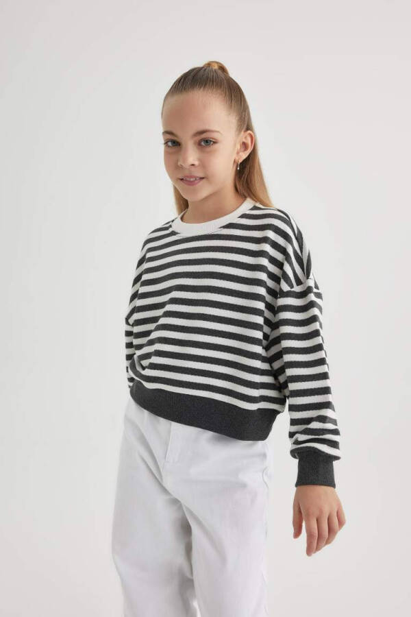 Girls Relaxed Fit Striped Bike Neck Sweatshirt Charcoal - 4