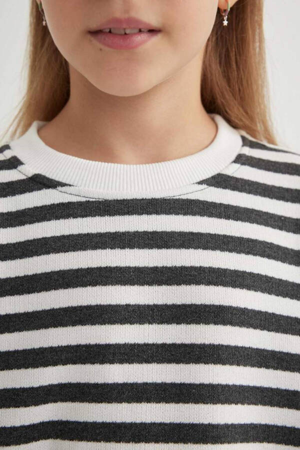 Girls Relaxed Fit Striped Bike Neck Sweatshirt Charcoal - 5