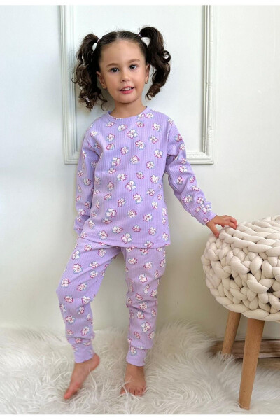 Girls' Ribbed Fabric Floral Print Pajama Set Elastic Fabric New Season Purple Color - 5