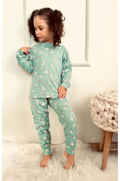 Girls' Ribbed Fabric Floral Print Pajama Set Stretchy Fabric New Season Green Color - 3