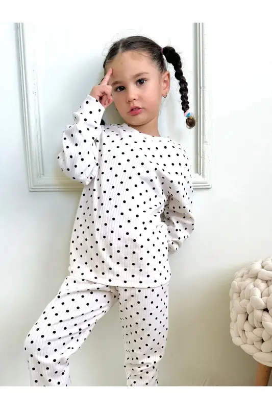 Girls' Ribbed Fabric Polka Dot Pajama Set Flexible Fabric - Black and White - 2