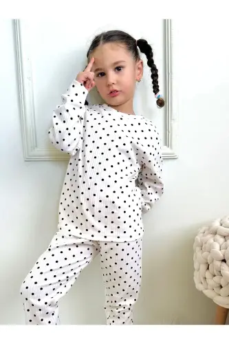 Kız Çocuk Fitilli Kumaş Polkadot / Puantiyeli Pijama Takımı Esnek Kumaş - Siyah Beyaz - LOLLIBOOMKIDS (1)