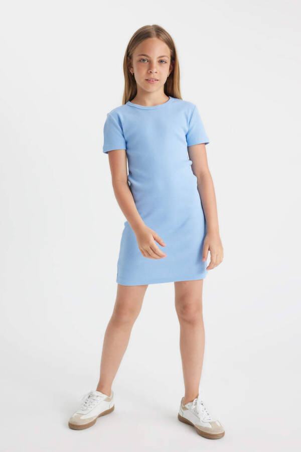 Girls' Ribbed Knit Short Sleeve Dress Blue - 2