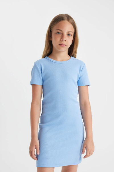 Girls' Ribbed Knit Short Sleeve Dress Blue - 3