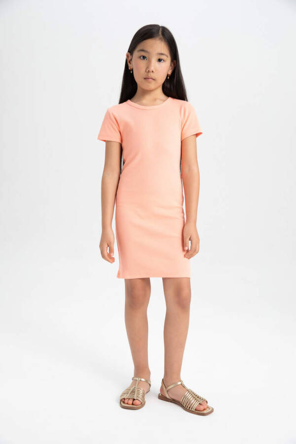 Girls' Ribbed Knit Short Sleeve Dress Salmon - 1