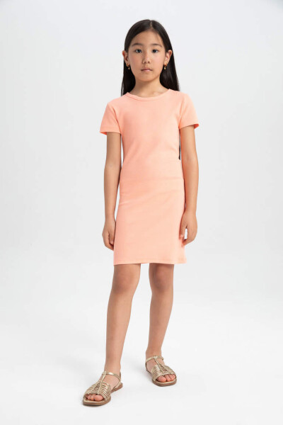 Girls' Ribbed Knit Short Sleeve Dress Salmon - 2