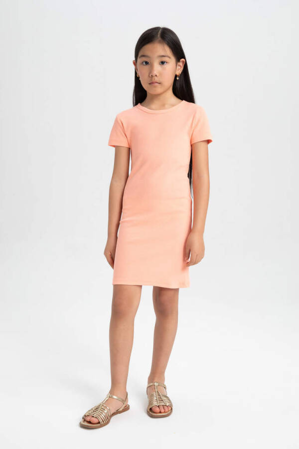 Girls' Ribbed Knit Short Sleeve Dress Salmon - 3