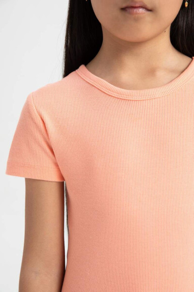 Girls' Ribbed Knit Short Sleeve Dress Salmon - 4