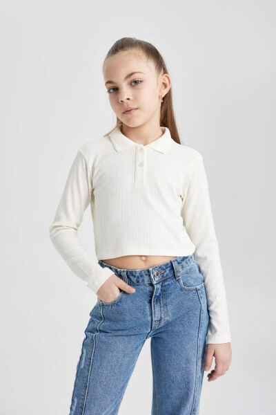 Girls' Ribbed Long Sleeve Basic Polo T-shirt Off-white - 1