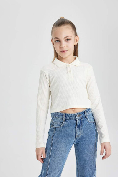 Girls' Ribbed Long Sleeve Basic Polo T-shirt Off-white - 3