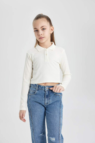 Girls' Ribbed Long Sleeve Basic Polo T-shirt Off-white - 4