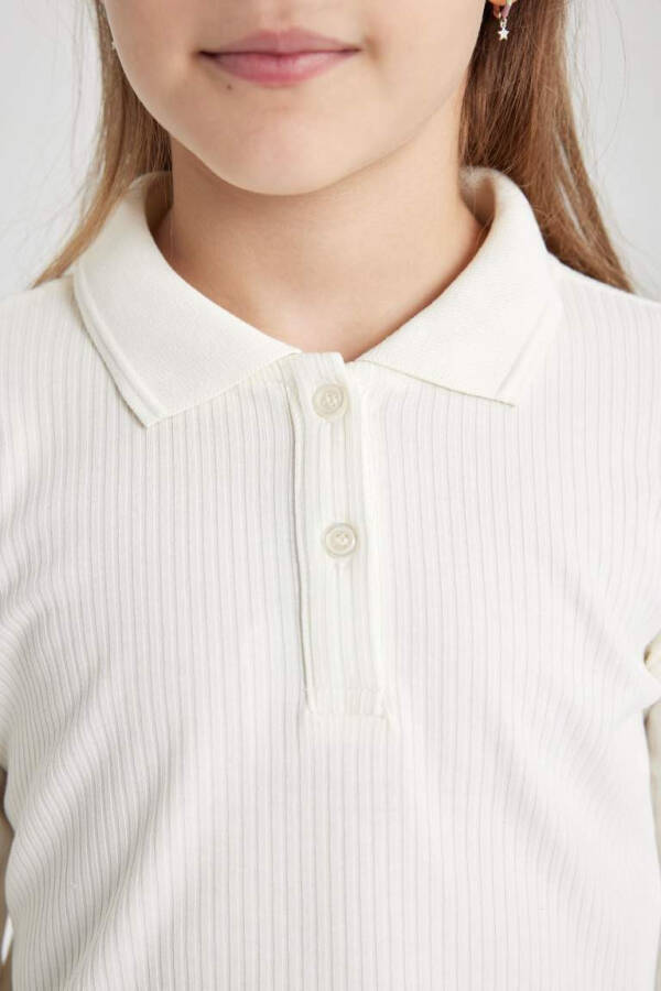 Girls' Ribbed Long Sleeve Basic Polo T-shirt Off-white - 5