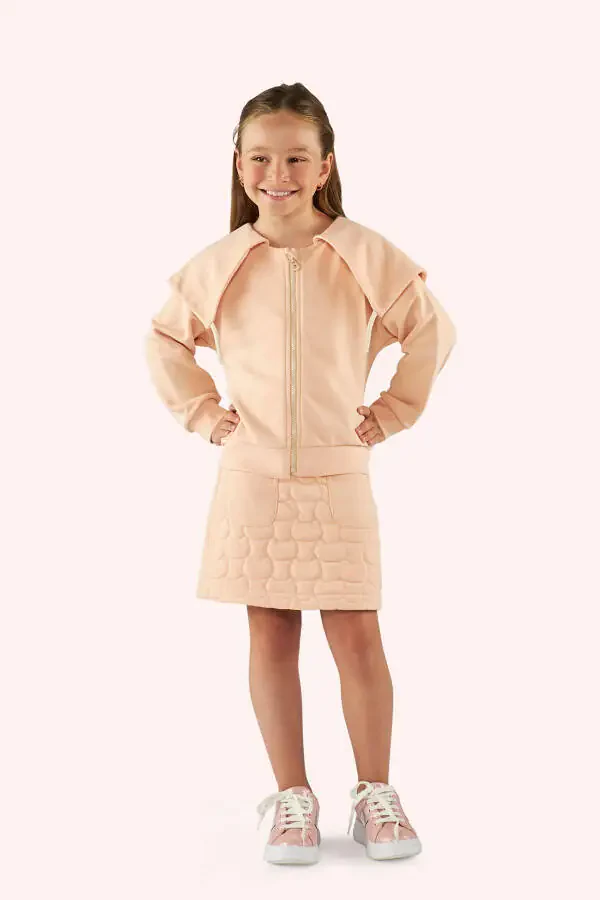 Girl's Salmon Sweatshirt with Wide Collar and Zipper Detail - 1