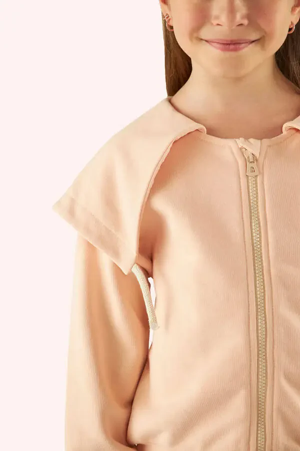 Girl's Salmon Sweatshirt with Wide Collar and Zipper Detail - 2