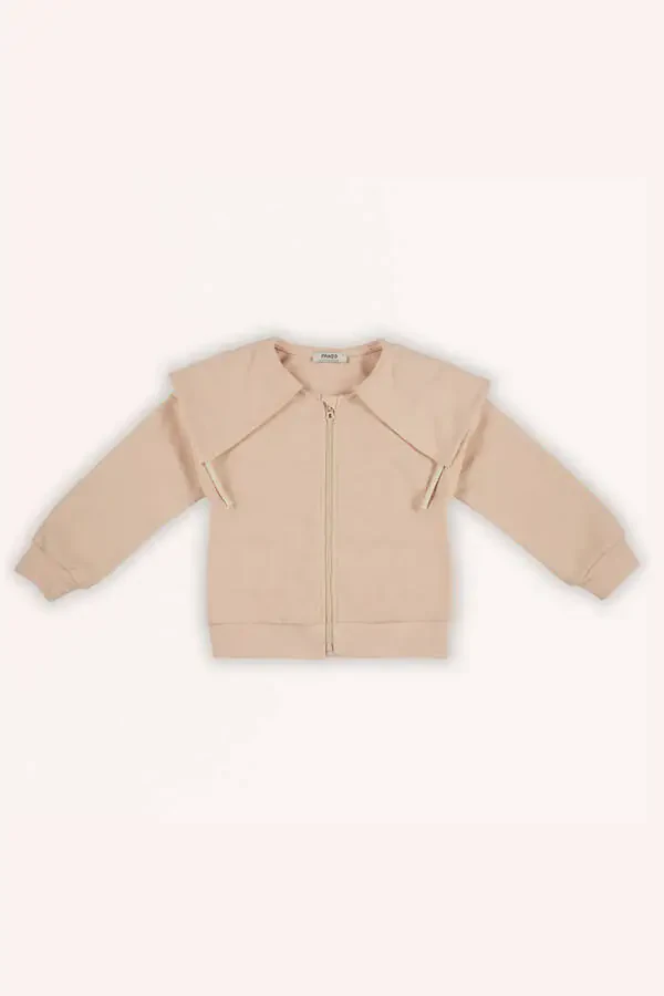 Girl's Salmon Sweatshirt with Wide Collar and Zipper Detail - 4