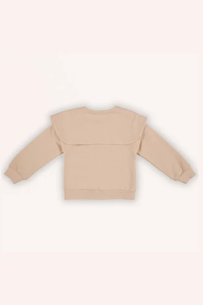 Girl's Salmon Sweatshirt with Wide Collar and Zipper Detail - 5