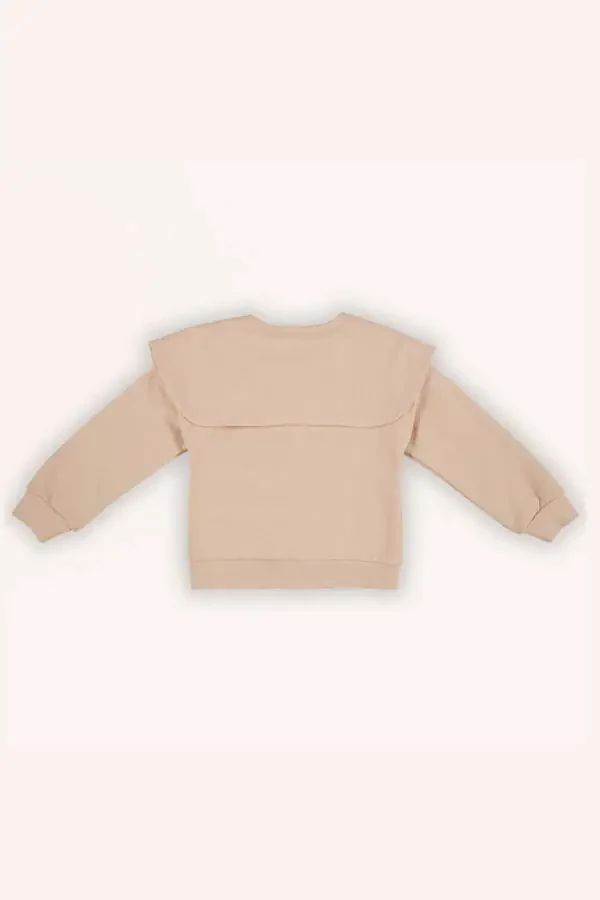 Girl's Salmon Sweatshirt with Wide Collar and Zipper Detail - 5