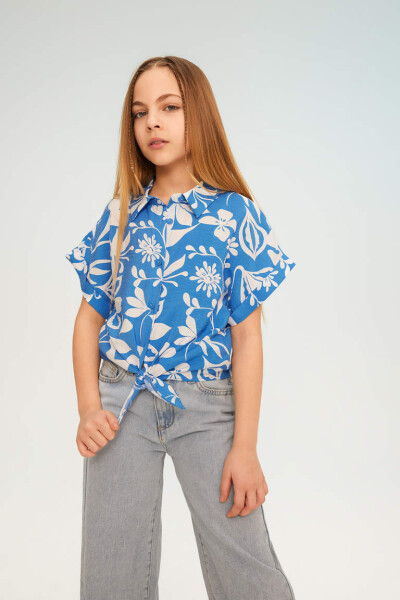 Girls' Short Sleeve Crop Top with Pattern Dark Blue - 1