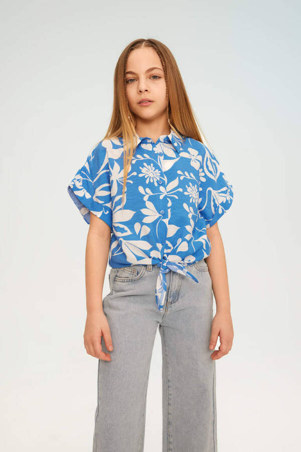 Girls' Short Sleeve Crop Top with Pattern Dark Blue - 3