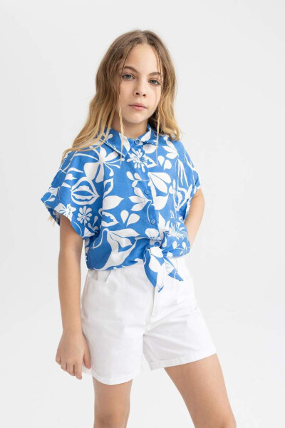 Girls' Short Sleeve Crop Top with Pattern Dark Blue - 4