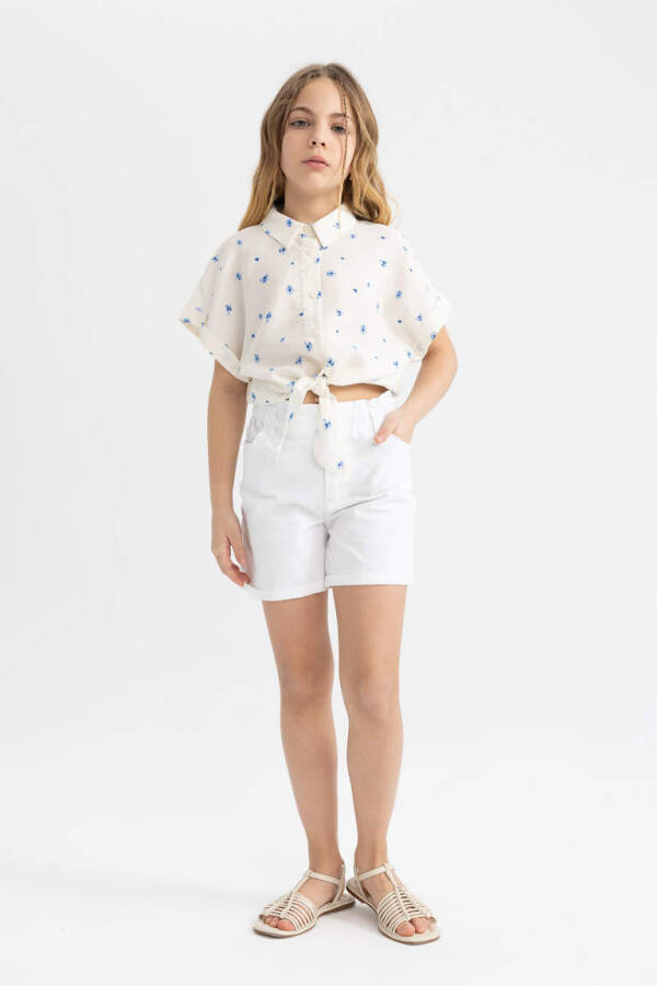 Girls' Short Sleeve Patterned Crop Top Light Blue - 2