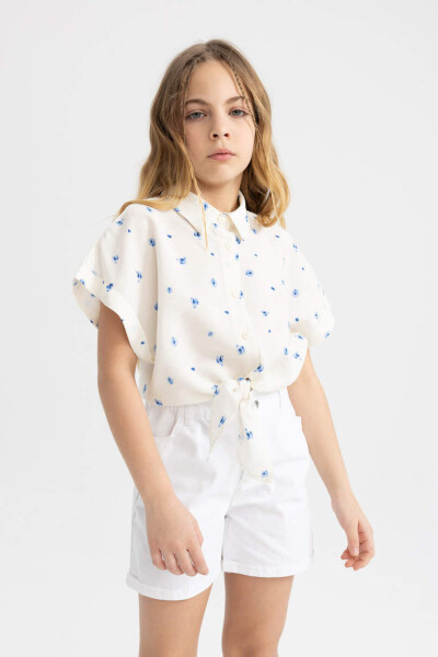 Girls' Short Sleeve Patterned Crop Top Light Blue - 3