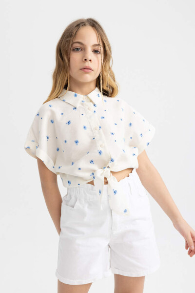 Girls' Short Sleeve Patterned Crop Top Light Blue - 4