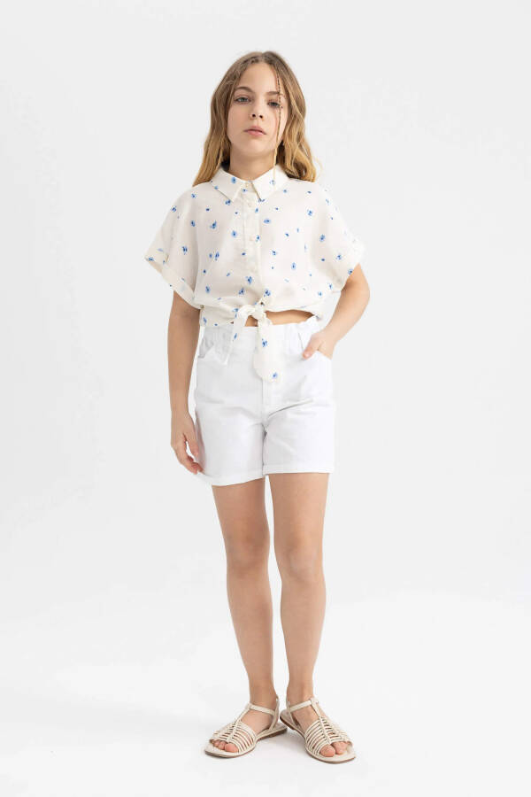 Girls' Short Sleeve Patterned Crop Top Light Blue - 7