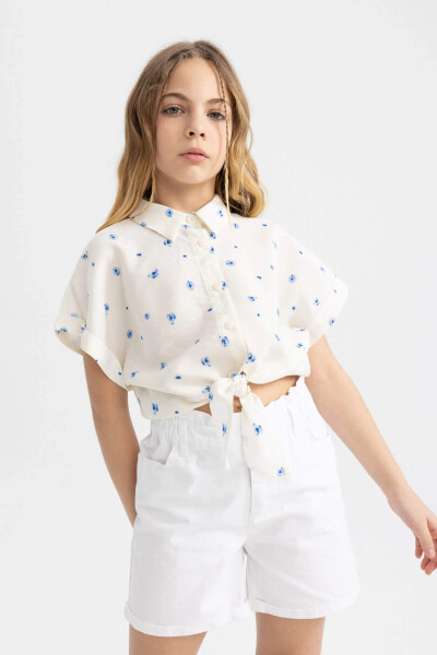 Girls' Short Sleeve Patterned Crop Top Light Blue - 9