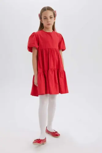 Girl's Short Sleeve Red Dress - Red - DEFACTO (1)