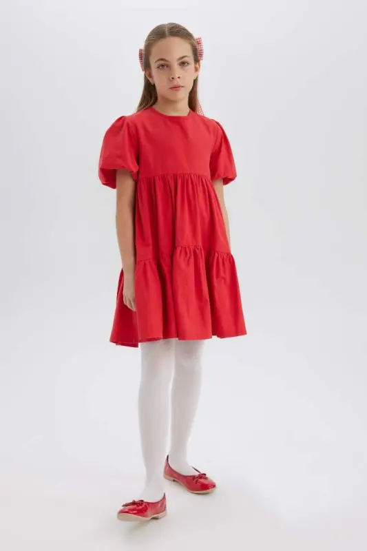 Girl's Short Sleeve Red Dress - Red - 2