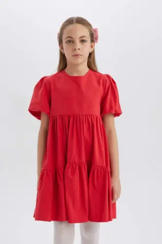 Girl's Short Sleeve Red Dress - Red - 3