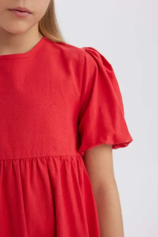 Girl's Short Sleeve Red Dress - Red - 4