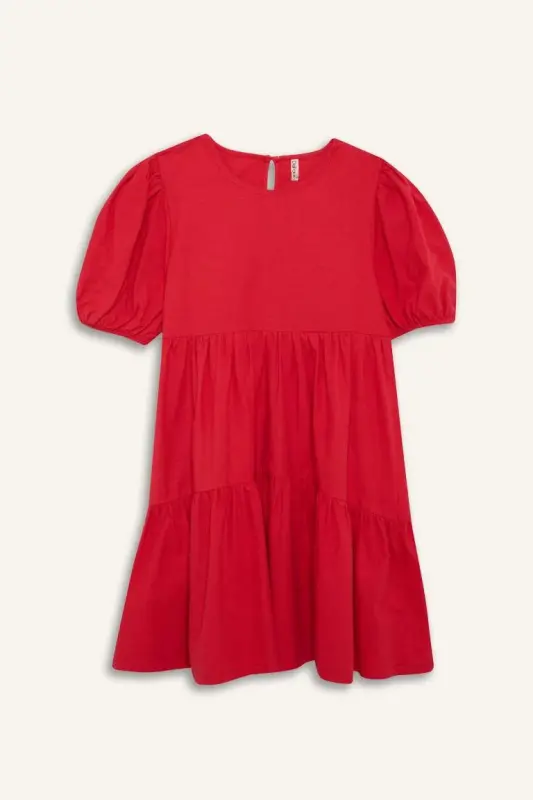 Girl's Short Sleeve Red Dress - Red - 6