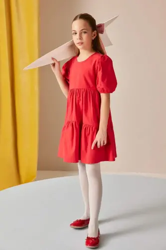 Girl's Short Sleeve Red Dress - Red - 7
