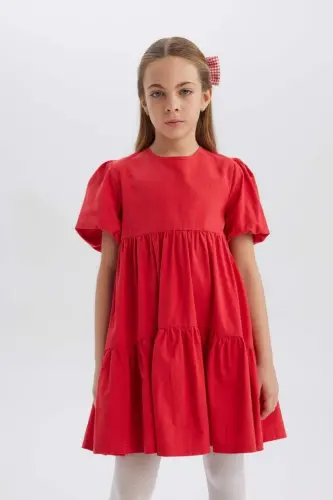 Girl's Short Sleeve Red Dress - Red - 8