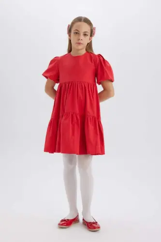 Girl's Short Sleeve Red Dress - Red - 9