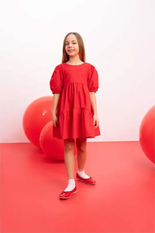 Girl's Short Sleeve Red Dress - Red - 1