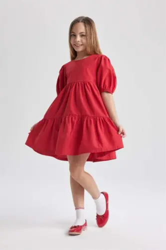 Girl's Short Sleeve Red Dress - Red - 4