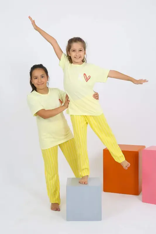 Girls' Short-Sleeve Yellow Cotton Pajama Set 20432 - BÜYÜKBEDENIZ