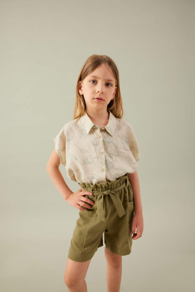 Girls' Short-Sleeved Cropped Patterned Shirt Yellow - 1