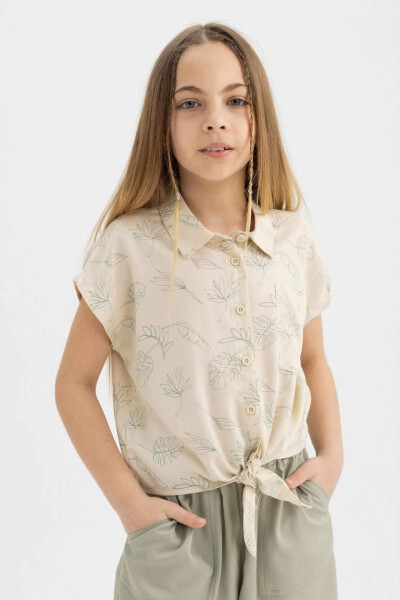 Girls' Short-Sleeved Cropped Patterned Shirt Yellow - 7