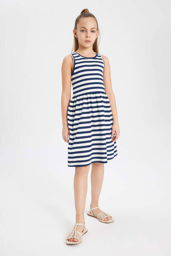 Girls' Sleeveless Striped Dress Navy Blue - 1