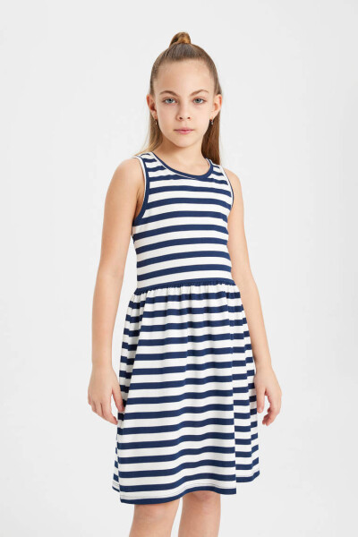 Girls' Sleeveless Striped Dress Navy Blue - 3