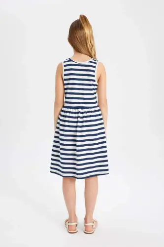 Girls' Sleeveless Striped Dress Navy Blue - 5